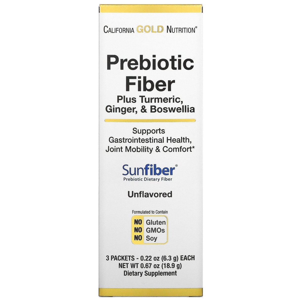 California Gold Nutrition, Prebiotic Fiber Plus Turmeric, Ginger, & Boswellia, 3 Packets, 0.22 oz (6.3 g) Each - Supply Center USA