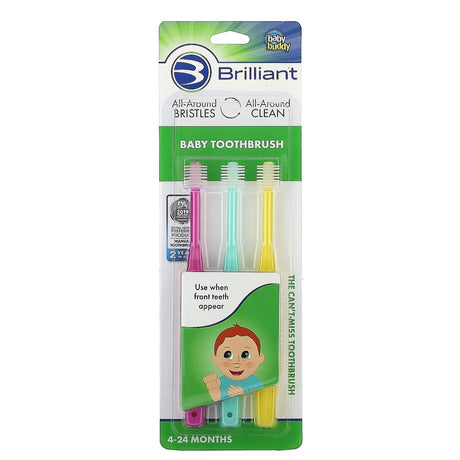 Baby Buddy, Brilliant, Baby Toothbrush, 4-24 Months, Pink, Mint, Yellow , 3 Toothbrushes - Supply Center USA