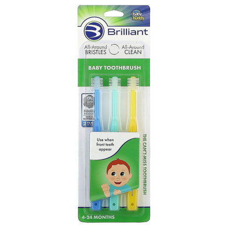 Baby Buddy, Brilliant, Baby Toothbrush, 4-24 Months, Blue, Mint, Yellow, 3 Toothbrushes - Supply Center USA