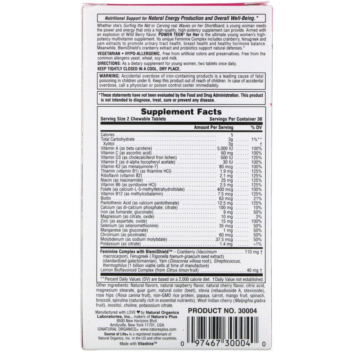 Nature's Plus, Source of Life, Power Teen, For Her, Sugar Free, Natural Wild Berry Flavor, 60 Chewable Tablets - Supply Center USA