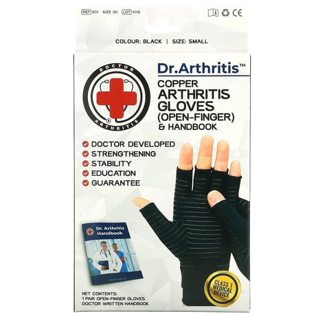 Doctor Arthritis, Copper Open-Finger Arthritis Gloves & Handbook, Small, Black, 1 Pair - Supply Center USA