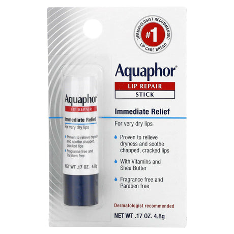 Aquaphor, Lip Repair, Stick, Immediate Relief, Fragrance Free, 1 Stick, .17 oz (4.8 g) - Supply Center USA