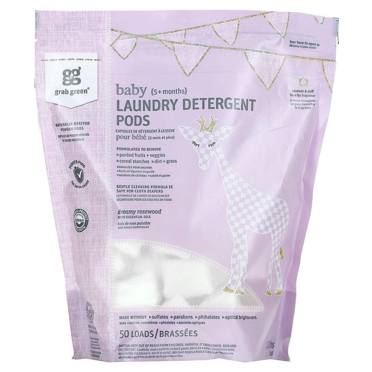 Grab Green, Laundry Detergent Pods, Baby, 5+ Months, Dreamy Rosewood with Essential Oils, 50 Loads, 1.76 lbs (800 g) - Supply Center USA