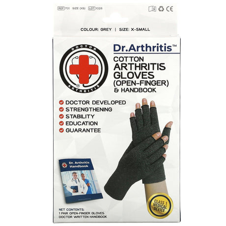 Doctor Arthritis, Cotton Open-Finger Arthritis Gloves & Handbook, X-Small, Grey, 1 Pair - Supply Center USA