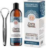 Gurunanda Advanced Oil Pulling with Tongue Scraper - Natural Alcohol-Free Mouthwash with Coconut Oil, Vitamins D & E for Healthy Teeth & Gums(8 Fl Oz) - Supply Center USA