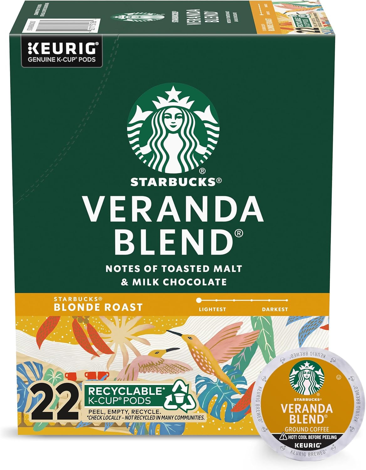 Starbucks K-Cup Coffee Pods, Starbucks Blonde Roast Coffee, Veranda Blend for Keurig Brewers, 100% Arabica, 6 Boxes (60 Pods Total)