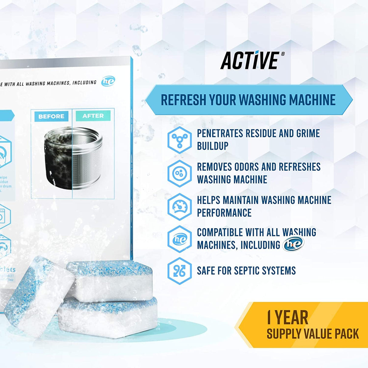 Washing Machine Cleaner Descaler 24 Pack - Deep Cleaning Tablets for HE Front Loader & Top Load Washer, Septic Safe Eco-Friendly Deodorizer, Clean inside Drum and Laundry Tub Seal - 12 Month Supply