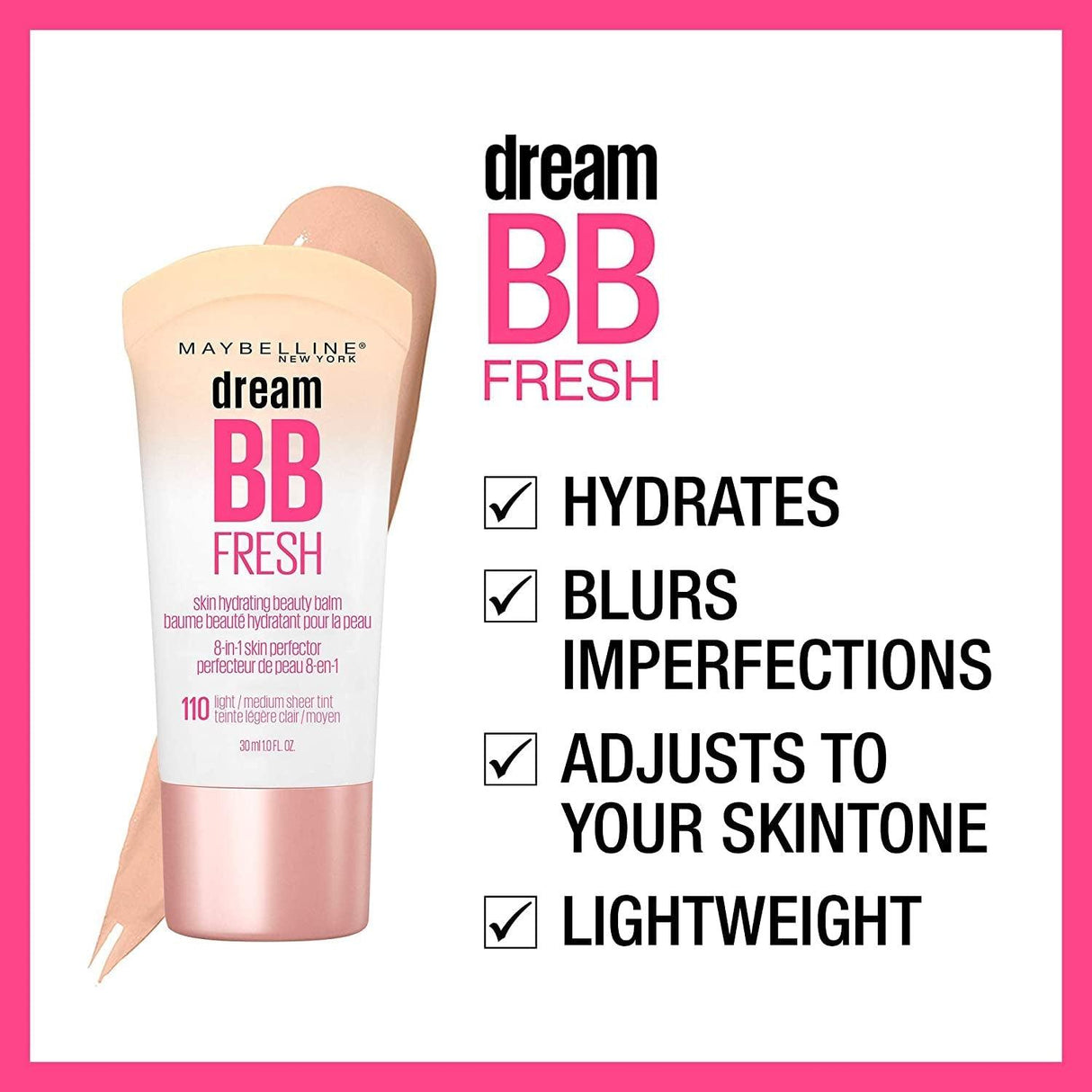 Maybelline Dream Fresh Skin Hydrating BB Cream, 8-In-1 Skin Perfecting Beauty Balm with Broad Spectrum SPF 30, Sheer Tint Coverage, Oil-Free, Medium, 1 Fl Oz - Supply Center USA