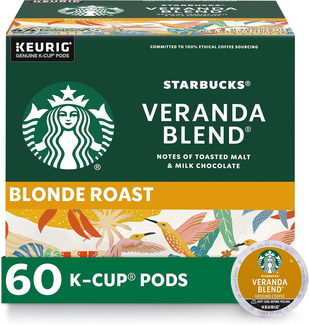 Starbucks K-Cup Coffee Pods, Starbucks Blonde Roast Coffee, Veranda Blend for Keurig Brewers, 100% Arabica, 6 Boxes (60 Pods Total)