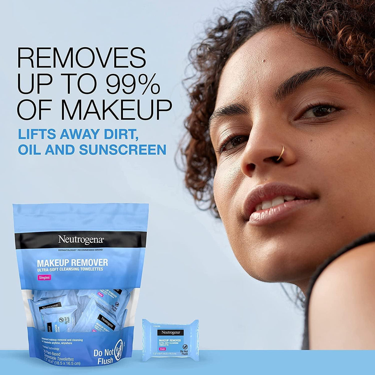 Neutrogena Makeup Remover Facial Cleansing Towelette Singles, Daily Face Wipes Remove Dirt, Oil, Makeup & Waterproof Mascara, Gentle, Individually Wrapped, 100% Plant-Based Fibers, 20 Ct - Supply Center USA