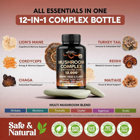 Mushroom Supplement - Organic Lion'S Mane | Turkey Tail | Chaga | Cordyceps | Reishi | Maitake | Shiitake | Meshima | Tremella | Oyster | Agaricus - Made in USA - 12-In-1 Complex 12000 Mg, 60 Capsules - Supply Center USA