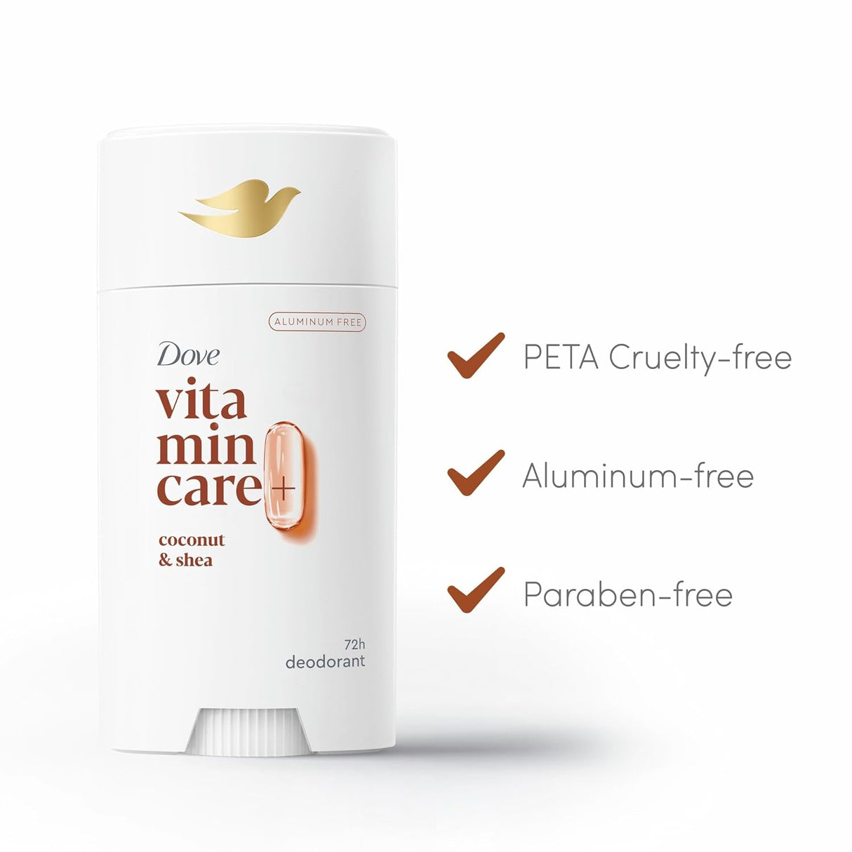 Dove Vitamincare+ Aluminum Free Deodorant Stick Coconut & Shea for 72H Odor Protection Breathable Deodorant for Women 2.6 Oz