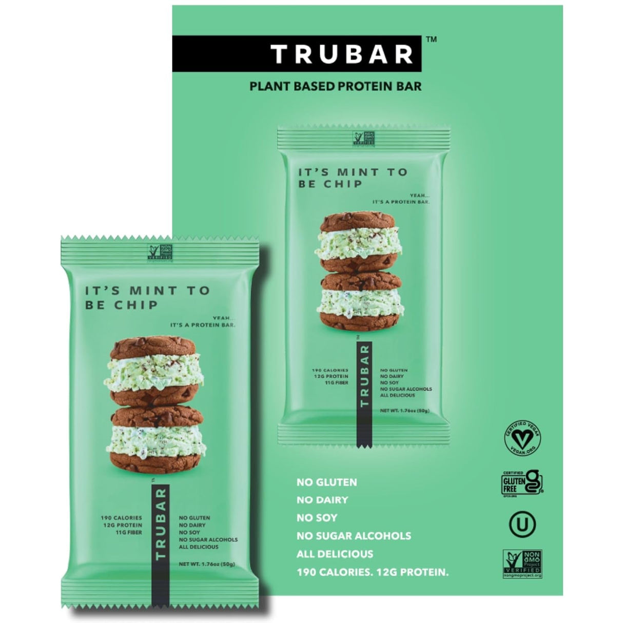 TRUBAR Vegan Protein Bar, Oh Oh Cookie Dough, Gluten Free, Plant Based Protein, Dairy Free, Non GMO, Soy Free, No Sugar Alcohols, 12G Protein, 12G Fiber, 23G Carb, Healthy on the Go Snack Bars, 12 CT