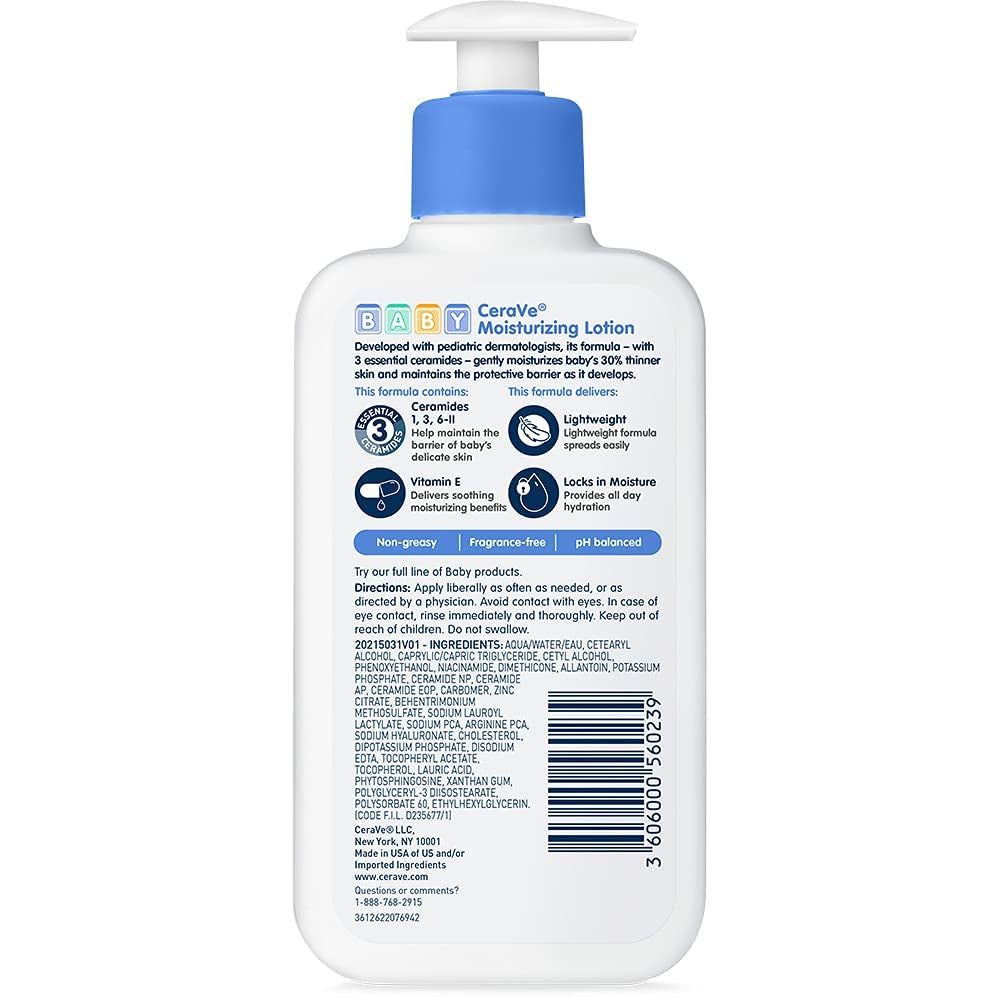 Cerave Baby Lotion | Gentle Baby Skin Care with Ceramides, Niacinamide & Vitamin E | Fragrance, Paraben, Dye & Phthalates Free | Lightweight Baby Moisturizer | 8 Ounce | Packaging May Vary
