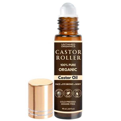 100% Organic Castor Oil Roll on for Eyebrows, Lips, under Eyes, Eyelashes, Cuticles - Mess Free Roller Ball - Certified Organic, Cold Pressed, Hexane Free - Travel Sized Glass Bottle