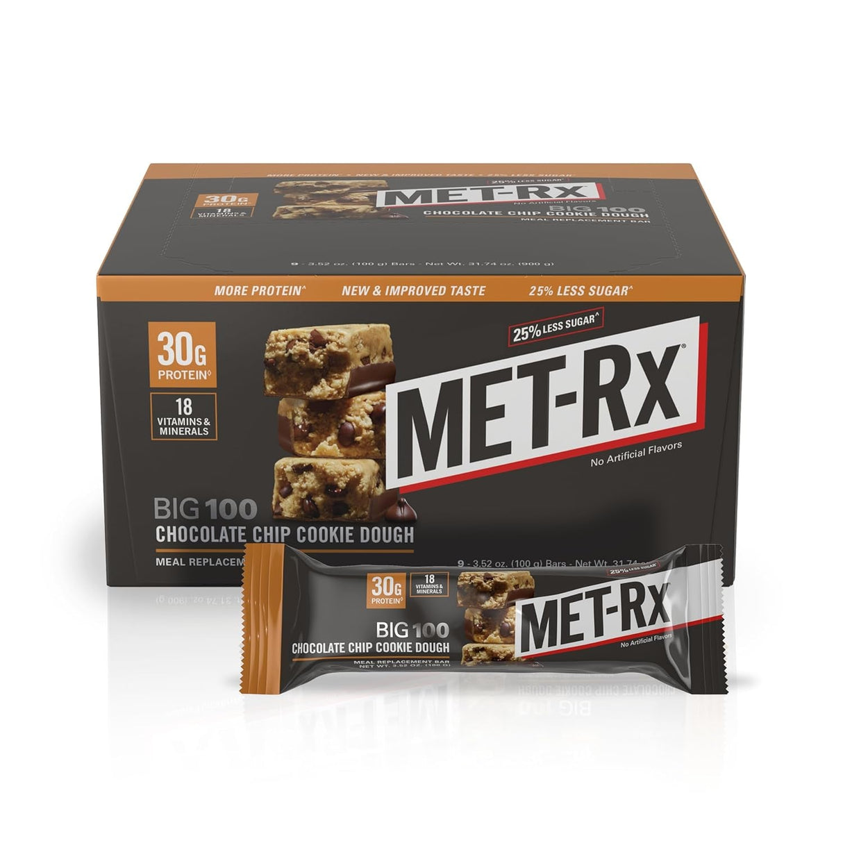 Met-Rx Big 100 Protein Bar, Meal Replacement Bar, 32G Protein, Super Cookie Crunch, 9 Bars (Pack of 1)
