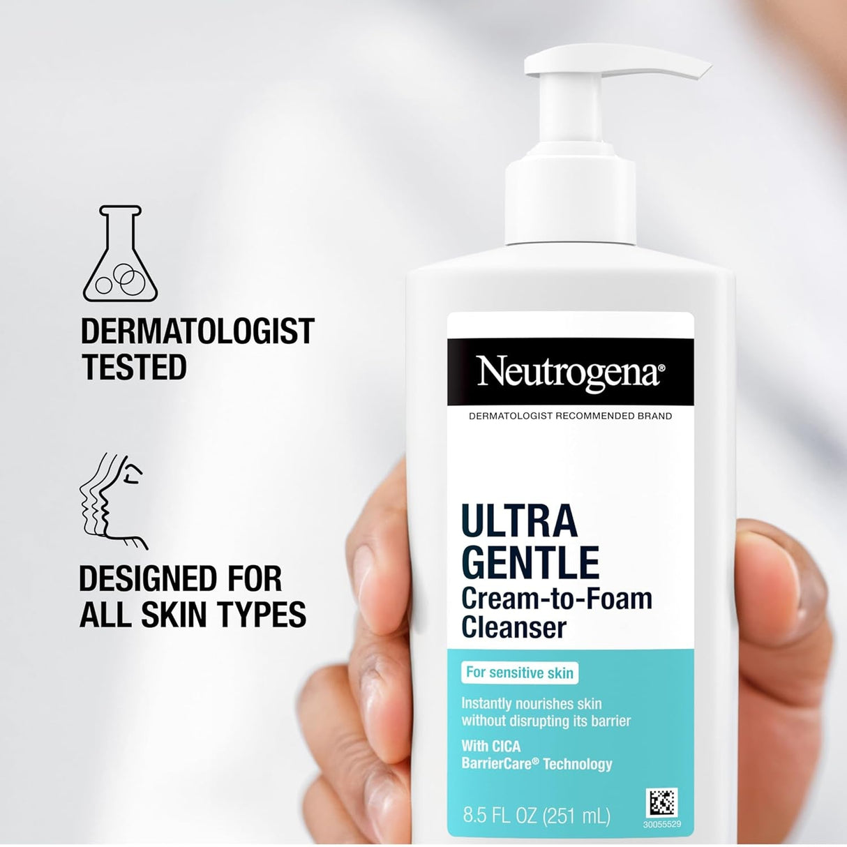 Neutrogena Ultra Gentle Cream-To-Foam Daily Facial Cleanser, Transforms from a Creamy Cleanser to a Foaming Face Wash, Gently Cleanses Sensitive Skin, Fragrance-Free, Hypoallergenic, 8.5 Oz