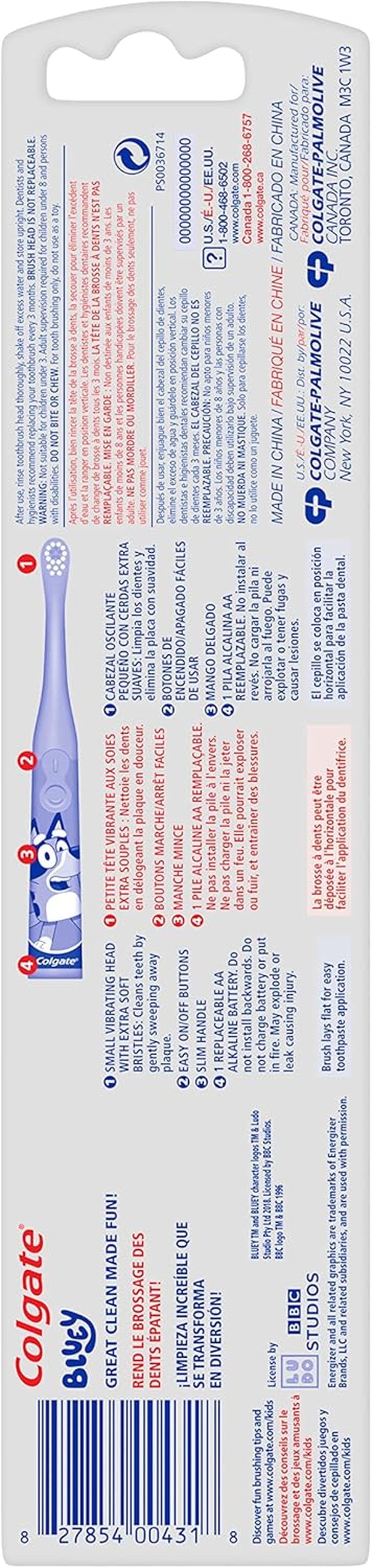 Colgate Kids Battery Powered Toothbrush, Kids Battery Toothbrush with Included AA Battery, Extra Soft Bristles, Flat-Laying Handle to Prevent Rolling, Bluey Toothbrush, 1 Pack