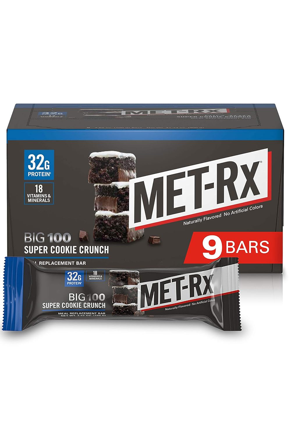 Met-Rx Big 100 Protein Bar, Meal Replacement Bar, 32G Protein, Super Cookie Crunch, 9 Bars (Pack of 1)