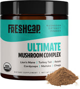 Freshcap Ultimate Mushroom Complex - Ayurveda Lions Mane, Reishi, Cordyceps, Chaga, Turkey Tail, Maitake - Immune Support & Nootropic Supplements for Immunity, Energy, Memory & Focus (120 Capsules)