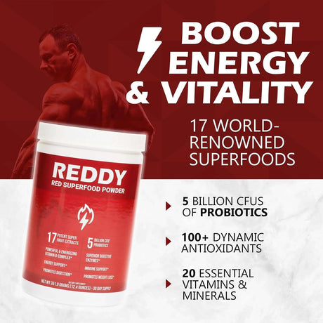 REDDY Superfood Powder: Boost Immunity, Enhance Energy & Vitality, Support Gut Health with 40+ Antioxidants, 20 Fruits & Vegetables, 5 Billion Probiotics - Made in USA - Supply Center USA