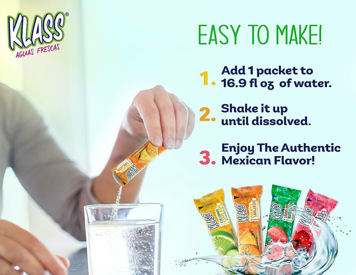 Klass Aguas Frescas Powdered Drink Mix | 44 Sugar Free Powder Packets | Flavors - Cucumber Limeade Pineapple Tangerine Strawberry Watermelon & Hibiscus Berries - Water Enhancer to Go!