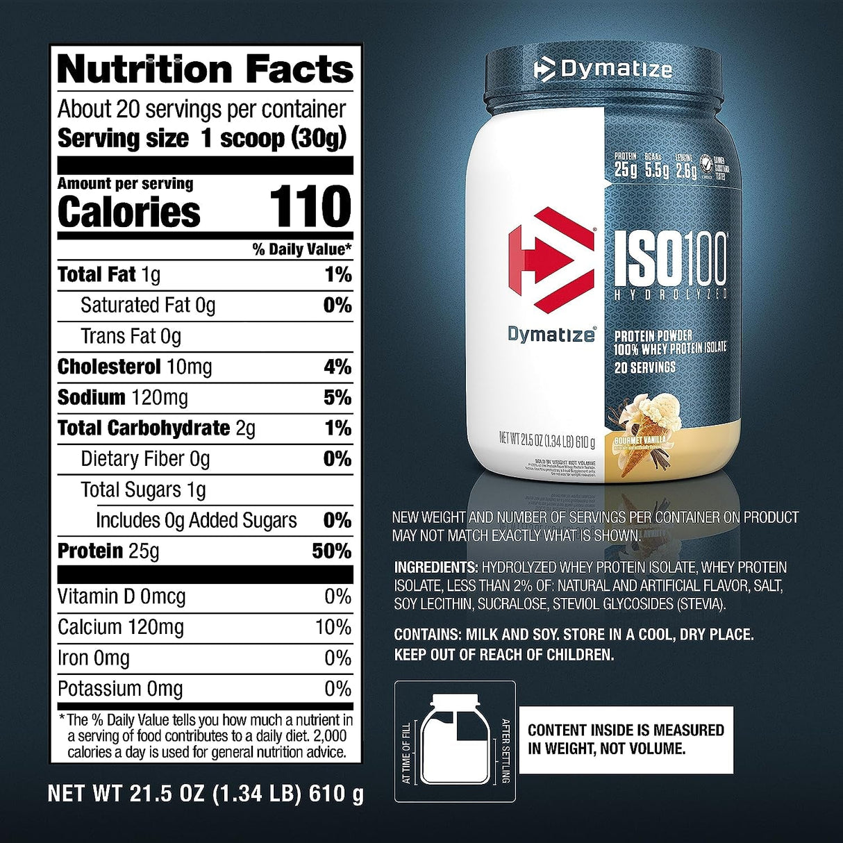 Dymatize ISO100 Hydrolyzed Protein Powder, 100% Whey Isolate, 25G of Protein, 5.5G Bcaas, Gluten Free, Fast Absorbing, Easy Digesting, Gourmet Vanilla, 20 Servings
