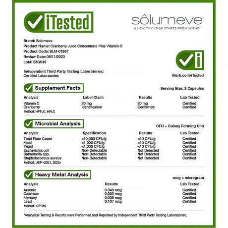 Solumeve, Cranberry Juice Concentrate plus Vitamin C, 60 Veggie Capsules - Supply Center USA