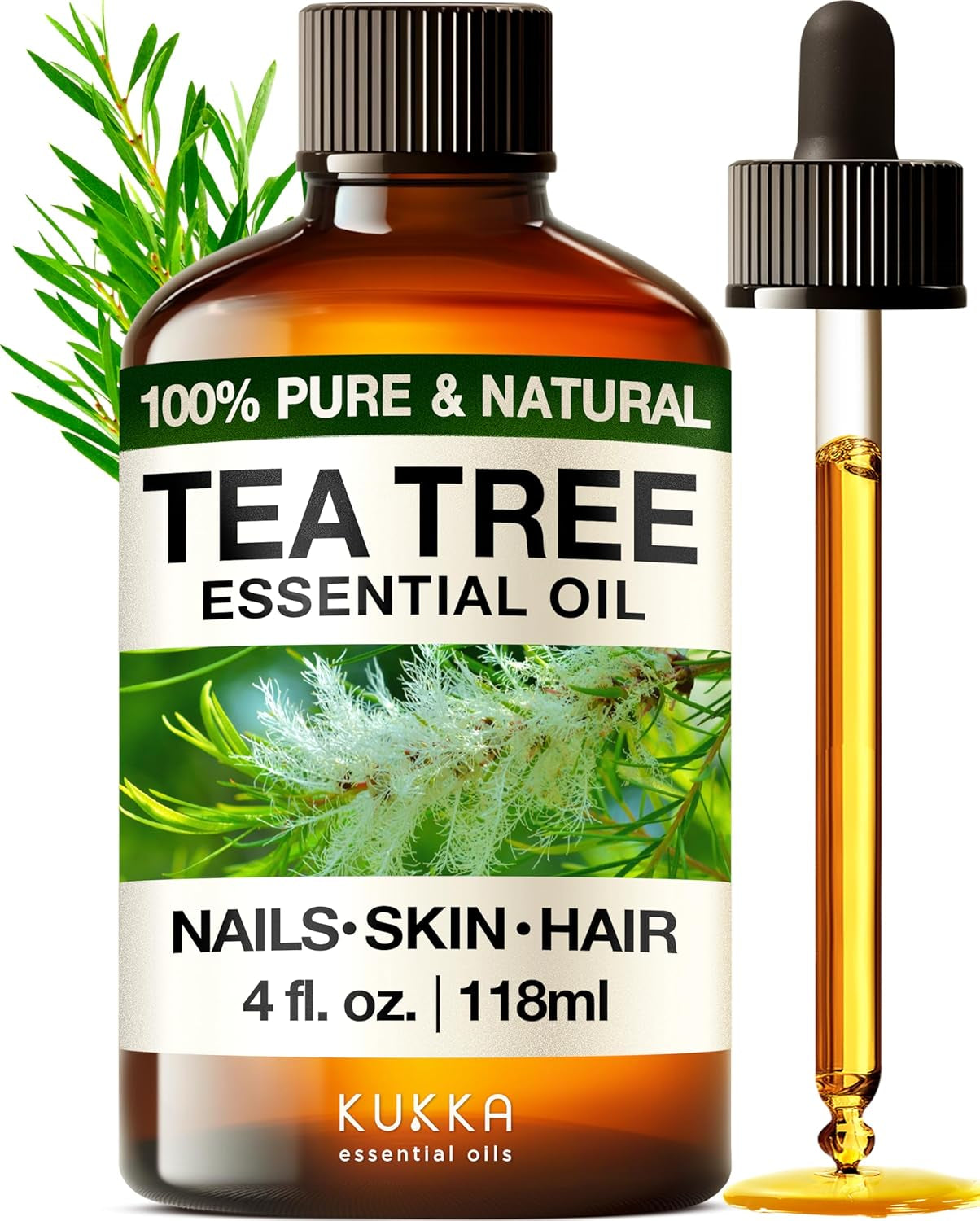 Kukka Tea Tree Oil for Skin, Healthy Hair & Toenails - Huge 4 Fl Oz - 100% Pure Natural Australian Tea Tree Essential Oil - Experience Therapeutic Melaleuca Oil for Scalp, Nails & Soap Making Scent