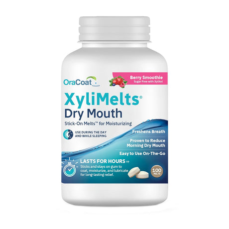 Oracoat Xylimelts Dry Mouth Relief Moisturizing Stick-On-Melts with Xylitol, 100 Count, Berry Smoothie, Helps Stimulate Saliva for Dry Mouth, Non-Acidic, Day & Night Use, Time Release for up to 8-Hour