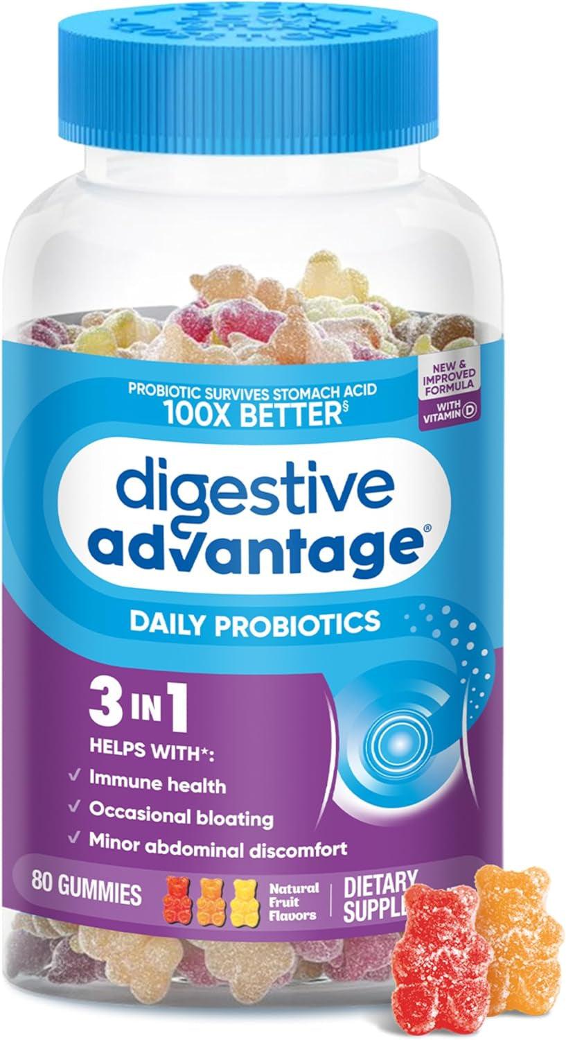 Digestive Advantage Probiotic Gummies for Digestive Health, Daily Probiotics for Women & Men, Support for Occasional Bloating, Minor Abdominal Discomfort & Gut Health, 80Ct Natural Fruit Flavors - Supply Center USA