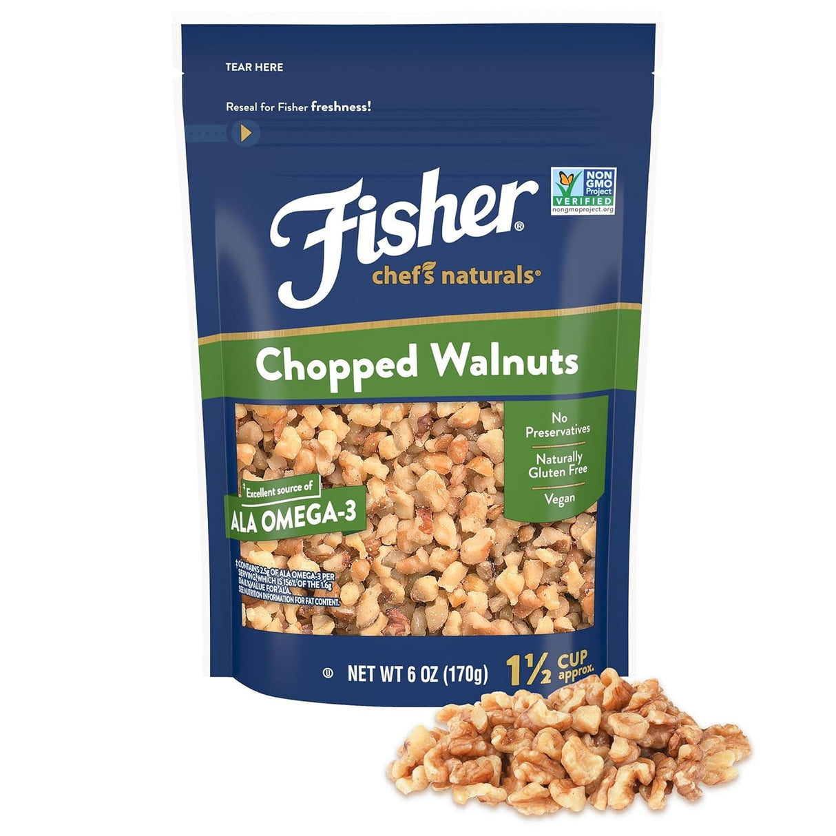 Fisher Chef'S Naturals Walnut & Pieces, Naturally Gluten Free, No Preservatives, Non-Gmo, Halves, 16 Oz