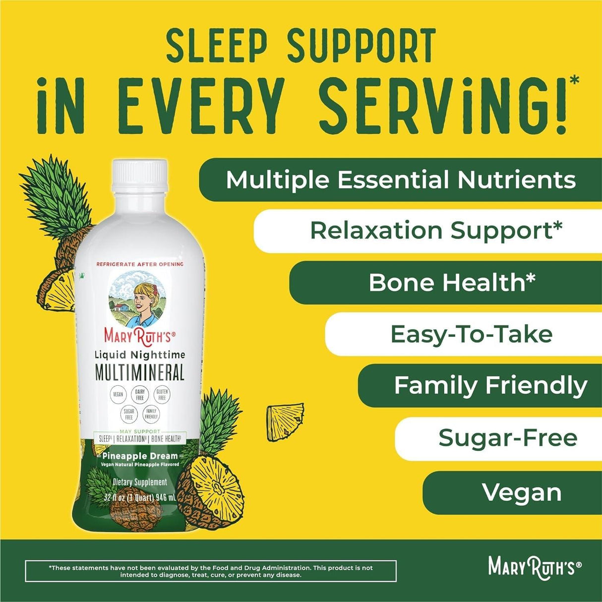 Maryruth Organics Nighttime Liquid Multimineral Sleep Supplement, Sugar Free, Calm Magnesium Citrate Sleep, NO Melatonin, Calcium Magnesium Zinc, 4 Flavors Available, Vegan, Gluten Free, 32 Servings - Supply Center USA