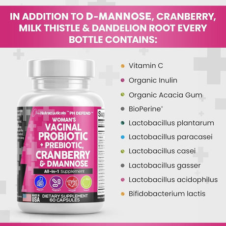 Clean Nutraceuticals Vaginal Probiotics for Women + Prebiotics 20 Billion Cranberry Pills 30,000Mg W/D-Mannose 500 Mg for Urinary Tract Health Ph Balance - Womens Vitamins for Vaginal Health - Supply Center USA