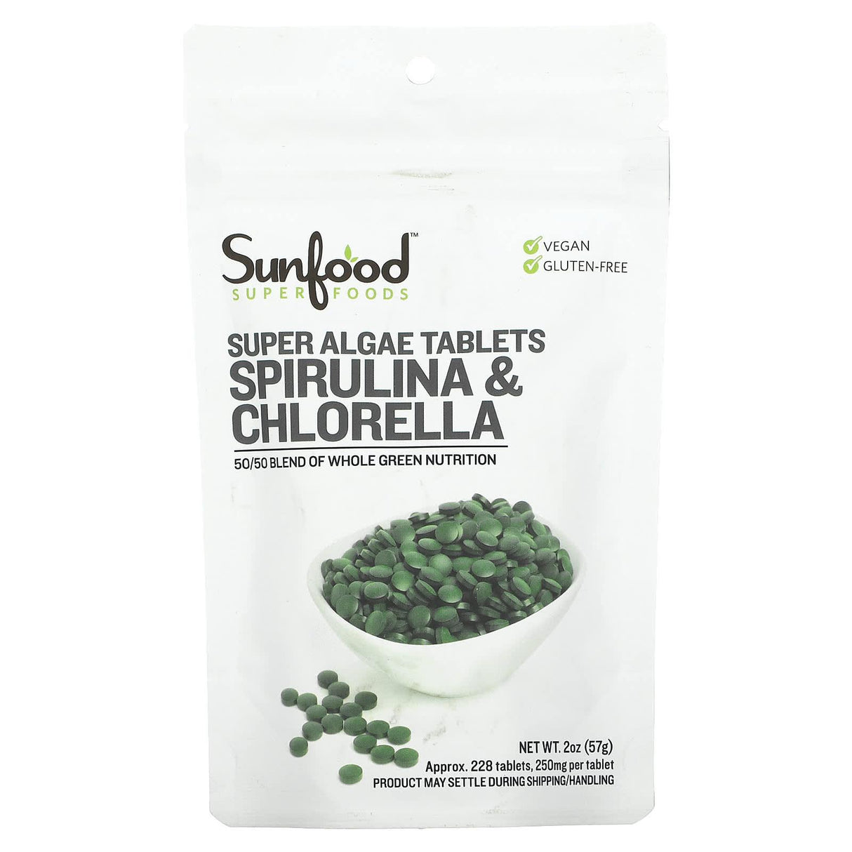 Sunfood, Spirulina & Chlorella, Super Algae Tablets, 250 mg, Approx. 228 Tablets, 2 oz (57 g) - Supply Center USA