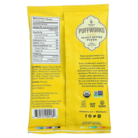 Puffworks, Peanut Butter Puffs, Honey, 6 Pack, 1.2 oz (34 g) Each - Supply Center USA