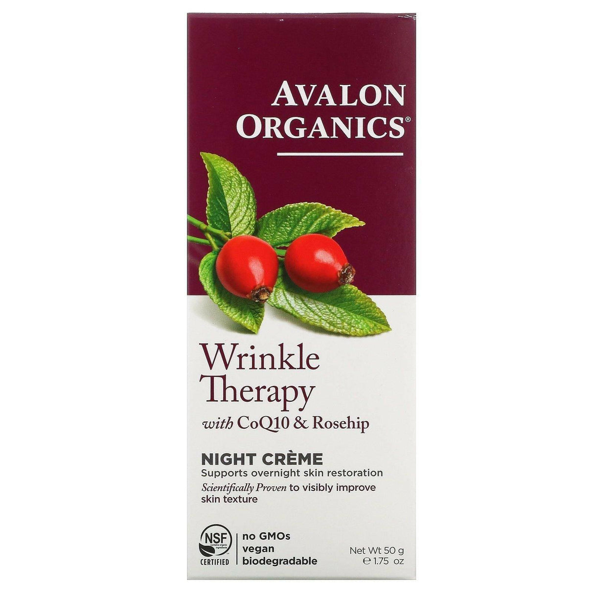 Avalon Organics, Wrinkle Therapy, With CoQ10 & Rosehip, Night Creme, 1.75 oz (50 g) - Supply Center USA