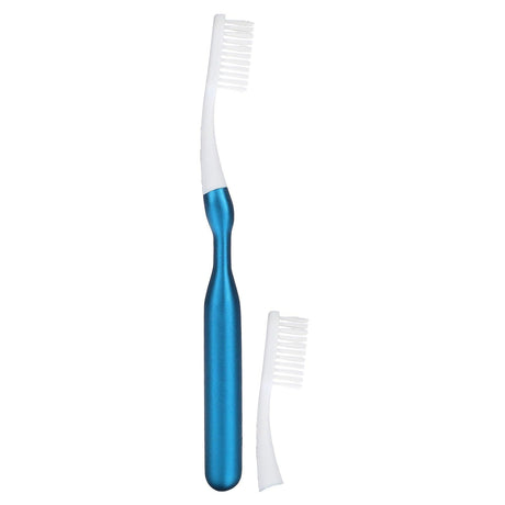 Hello, Aluminum Toothbrush with Replaceable Brush Heads, Soft, Blue, 1 Toothbrush and 1 Replaceable Brush Head - Supply Center USA