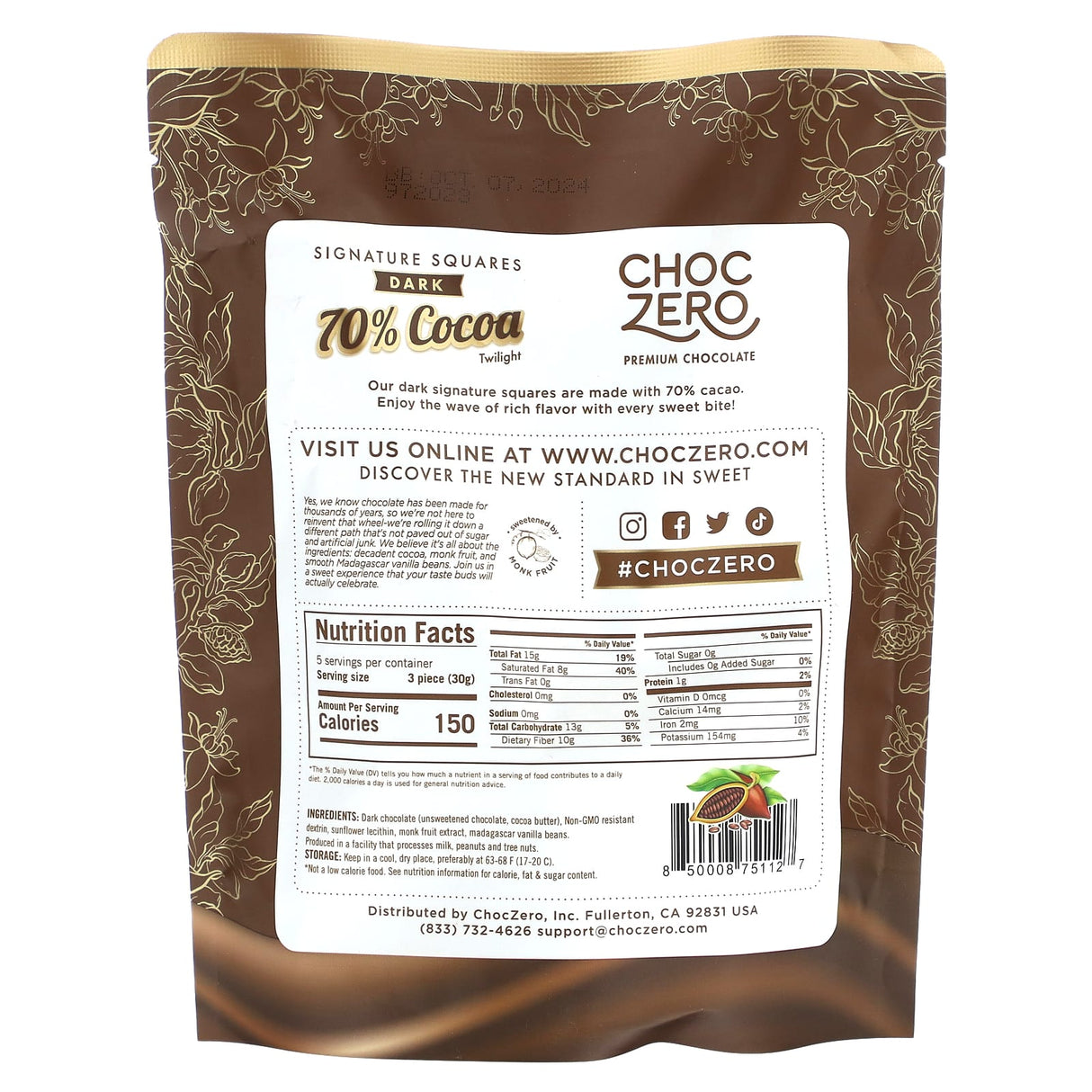 ChocZero, 70% Cocoa Dark Chocolate Squares, Sugar Free, 10 Pieces, 3.5 oz