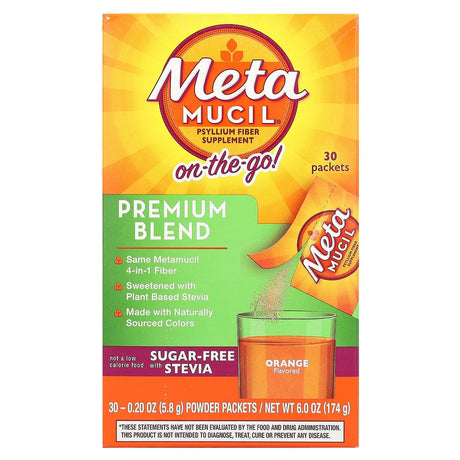 Metamucil, On-The-Go, Premium Blend, Sugar-Free with Stevia, Orange, 30 Powder Packets, 0.2 oz (5.8 g) Each - Supply Center USA