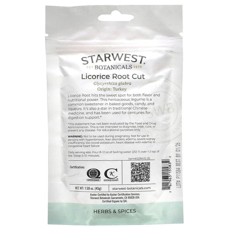 Starwest Botanicals, Certified Organic Licorice Root Cut, 1.59 oz (45 g) - Supply Center USA