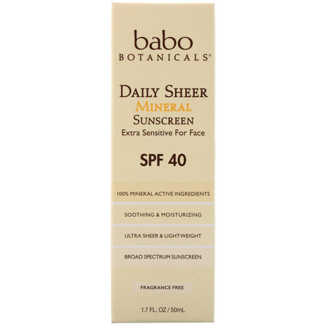 Babo Botanicals, Daily Sheer Mineral Sunscreen, SPF 40, 1.7 fl oz (50 ml) - Supply Center USA