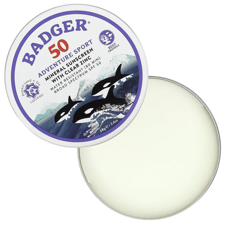 Badger Company, Adventure Sport, Mineral Sunscreen with Clear Zinc, SPF 50, Unscented, 2.4 oz (68 g) - Supply Center USA