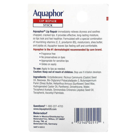 Aquaphor, Lip Repair, Stick, Immediate Relief, Fragrance Free, 1 Stick, .17 oz (4.8 g) - Supply Center USA