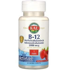 KAL, B-12 Methylcobalamin & Adenosylcobalamin, Mixed Berry, 2,000 mcg, 60 Micro Tablets - Supply Center USA