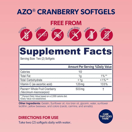 AZO Cranberry Urinary Tract Health Supplement, 1 Serving = 1 Glass of Cranberry Juice, Sugar Free Cranberry Pills, Non-Gmo 100 Softgels - Supply Center USA