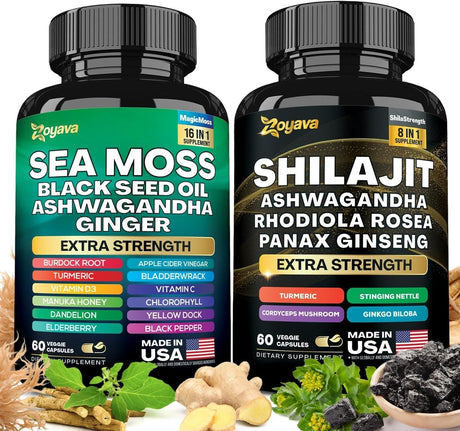 Dynamic Vitality Bundle - Sea Moss 7000Mg, Black Seed Oil 4000Mg, Ashwagandha 2000Mg, Ginger & Shilajit 9000Mg, Rhodiola Rosea 1000Mg, Panax Ginseng 1500Mg, All in 1 Supplements (60 Count) - Supply Center USA