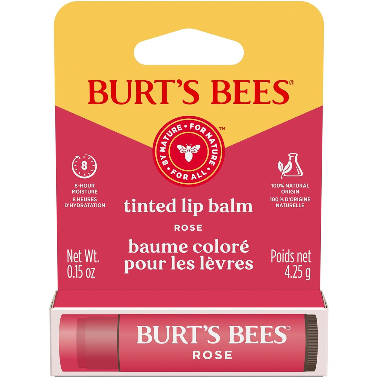 Burt’S Bees Tinted Lip Balm Rose; 8 Hour Moisture; Provides a Hint of Color; Nourishing Shea Butter; 100% Natural Origin; 1 Tube; 0.15 Oz. (Package May Vary)