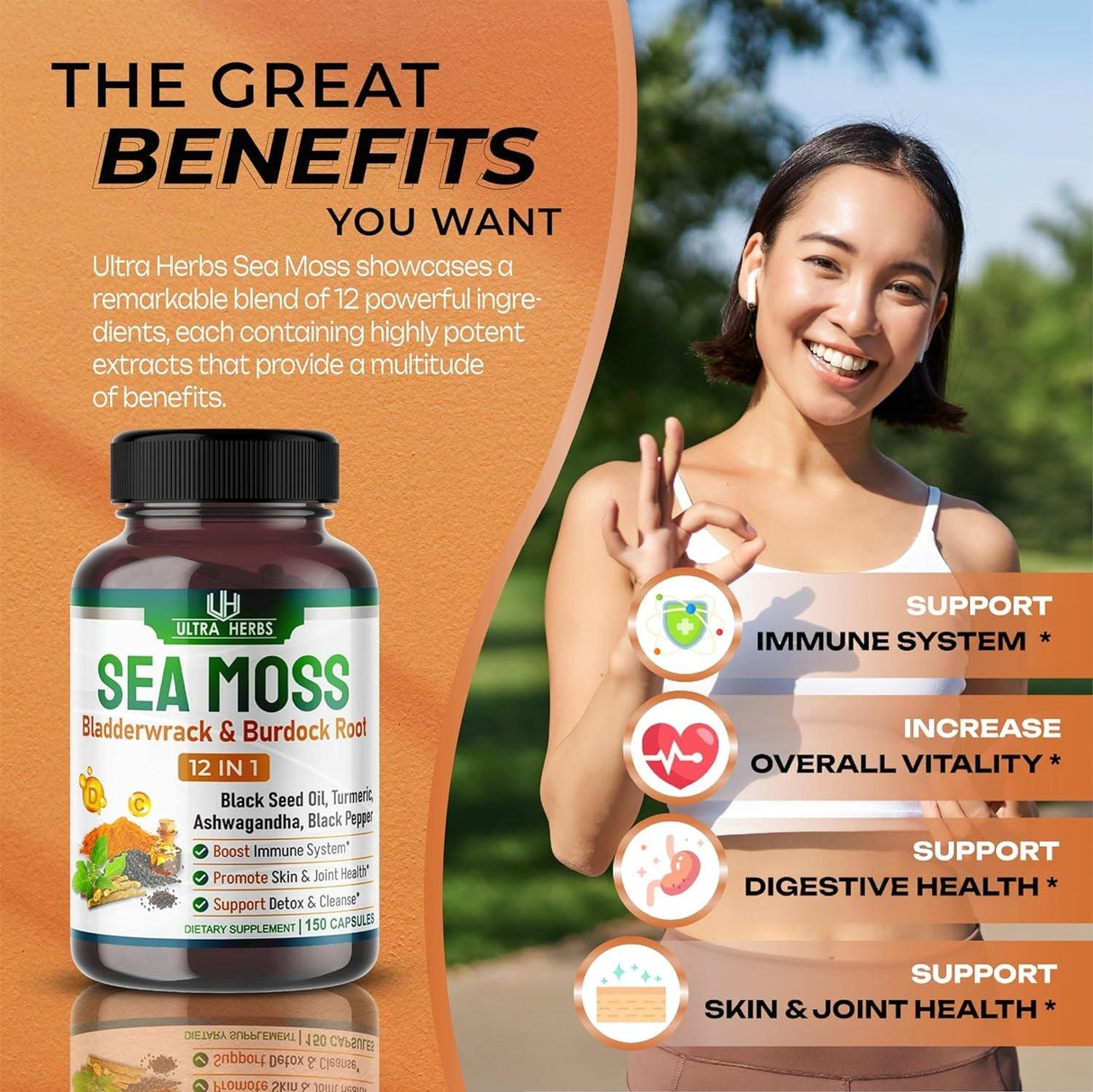 Organic Sea Moss Capsules 12,900Mg with Black Seed Oil, Ashwagandha, Burdock Root, Bladderwrack for Immune System, Gut, Skin & Energy *USA Made & Tested* (150 Count (Pack of 1)) - Supply Center USA