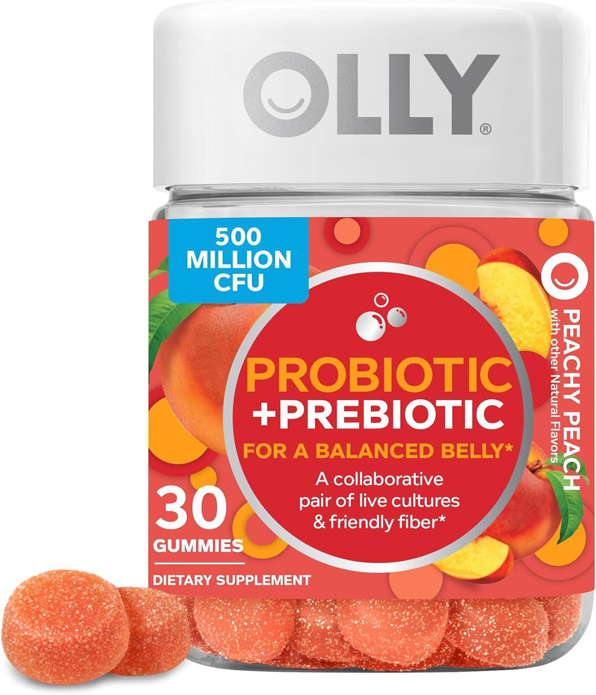 OLLY Probiotic + Prebiotic Gummy, Digestive Support and Gut Health, 500 Million Cfus, Fiber, Adult Chewable Supplement for Men and Women, Peach, 30 Day Supply - 30 Count - Supply Center USA